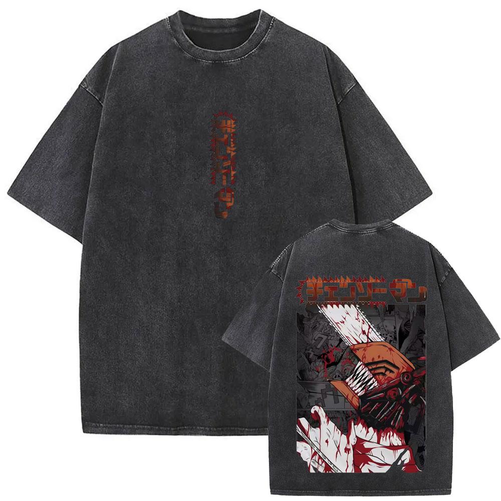 Anime Chainsaw Man Vintage Washed T-shirt Hayakawa Aki Summon Kon Fox Devil Graphic T Shirts Men Women Casual T-shirts
