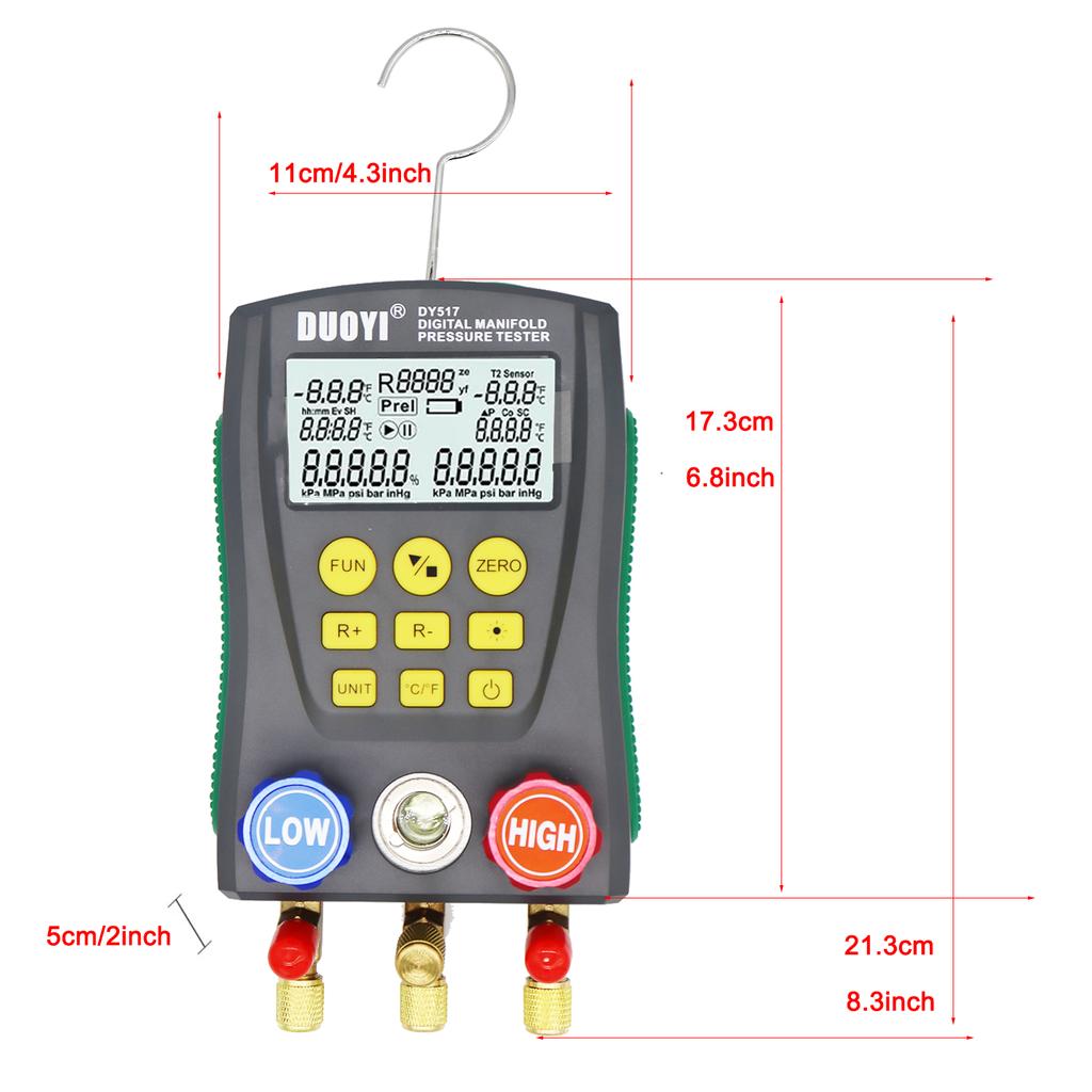 DY517 Digital AC Refrigerant Gauge Kit, HVAC Vacuum Pressure Meter, Electronic Manifold (Batteries Not Included)