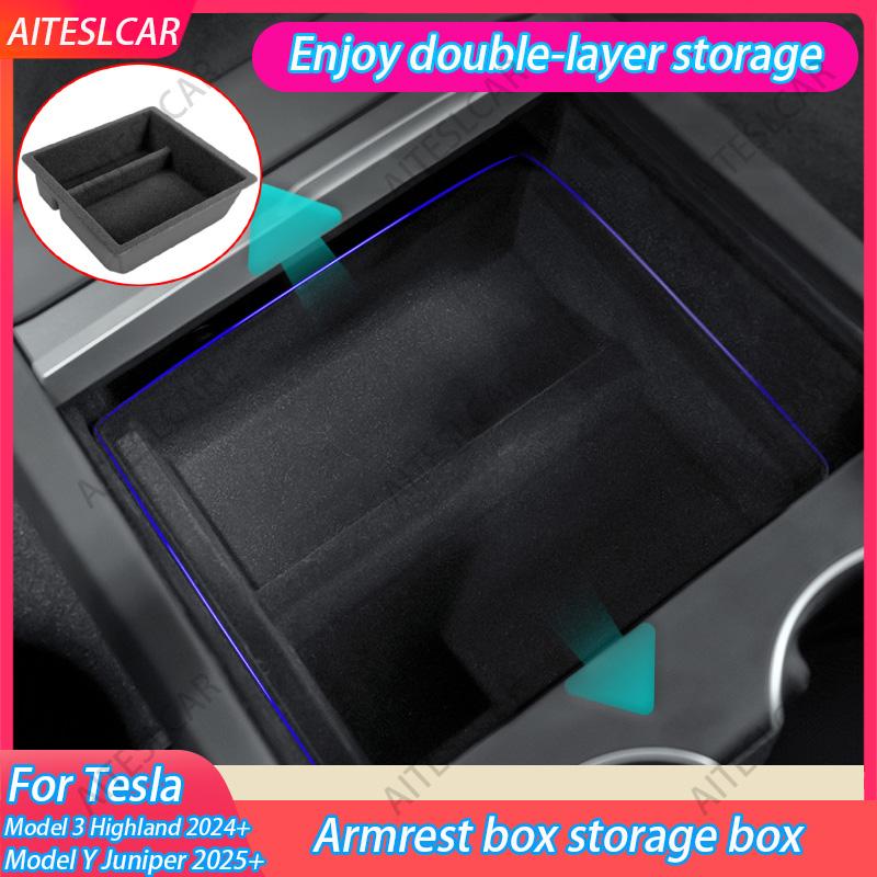 For Tesla Model 3/Y Juniper 2025+ Center Console Organizer Tray Armrest Cubby Drawer Flocking Model Y Storage Box Accessorie
