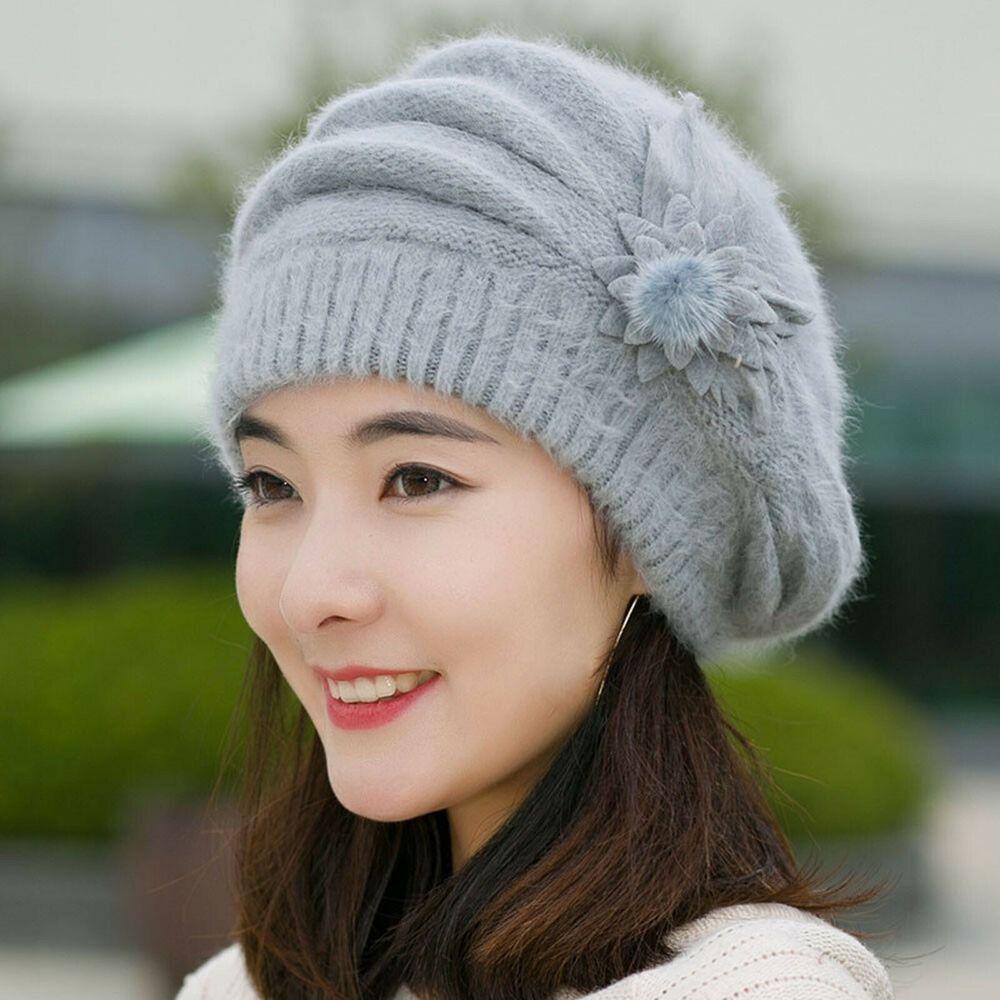 Pure Color Mom Hat Knitted Wool Female Berets Casual Winter Flower Hat Autumn Winter