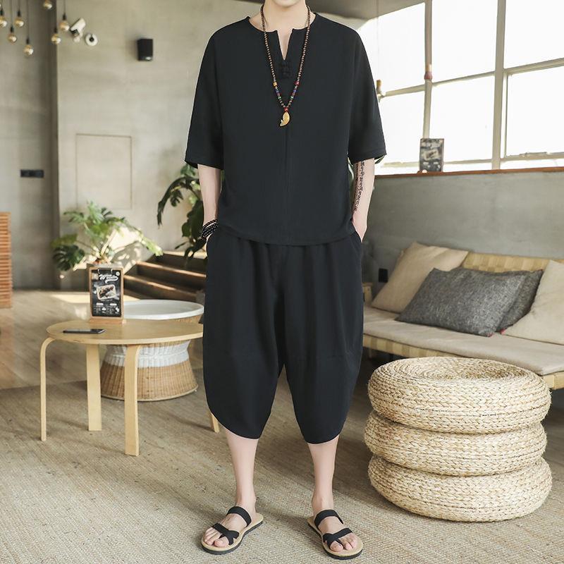 Мужской льняной костюм в китайском стиле с короткими рукавами в стиле Тан и комплект из двух предметов в стиле ханьфу в стиле Чжуншань-дзен
