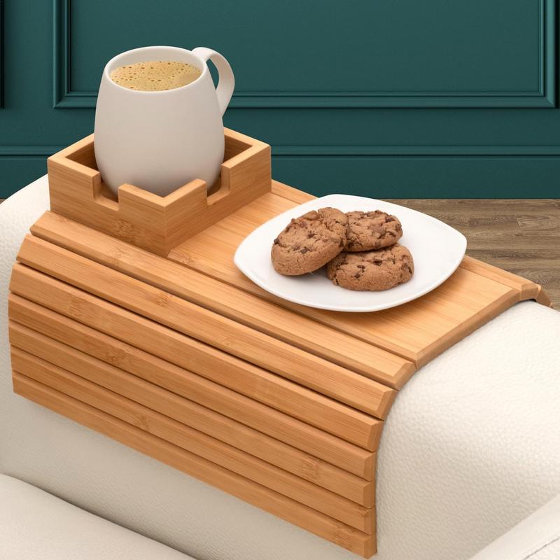 Couch Cup Holder Natural Anti-Slip Wooden Sofa Armrest Tray Foldable Multifunctional Sofa Cup Holder Drink Coaster Organizer