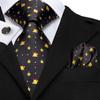 Hi-Tie Dark Gold Plaid Jacquard Mens Silk Tie Classic Necktie Cufflink Hanky Set