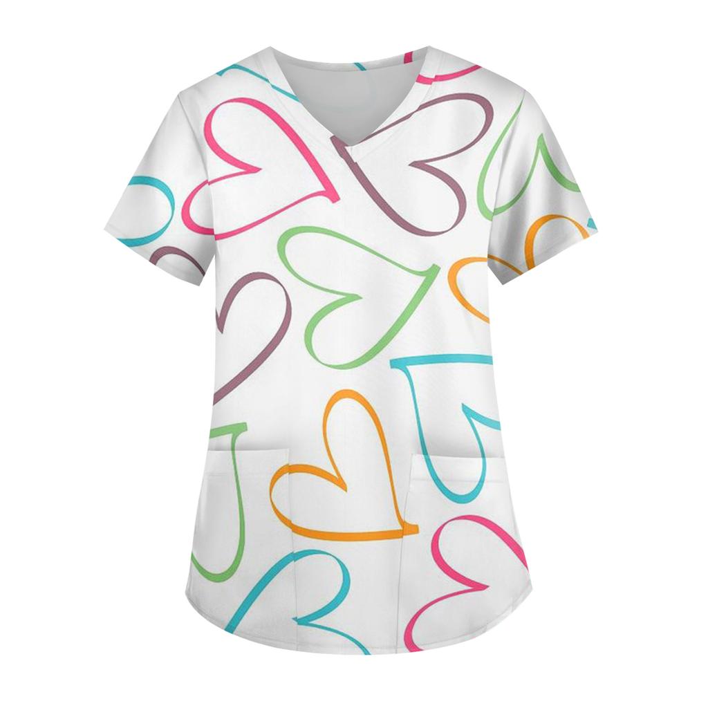 Женская модная футболка с V-образным вырезом, карманом и короткими рукавами с принтом ко Дню святого Валентина, униформа и топ для воспитателя