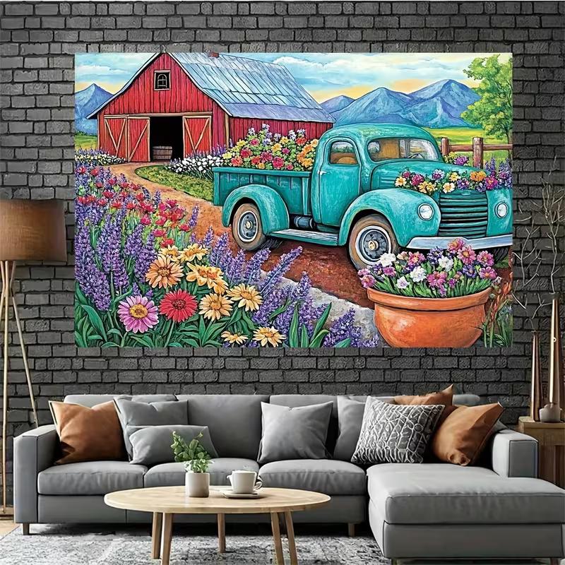 2D Rustic Farm Barn and Teal Truck Backdrop for Spring Party Photoshoot
