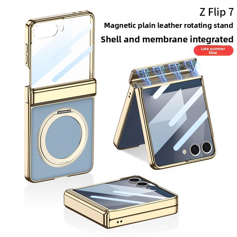 Для Samsung Galaxy Z Flip 7 Чехол Роскошная Кожа PU Кожа Шарнир MagSafe Магнитное Кольцо Подставка Защитная Задняя Крышка Для Z Flip7 Чехол