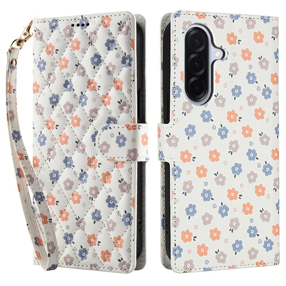For Samsung Galaxy A17 5G/A26 5G Wallet Case Rhombic Floral Design Leather Flip Phone Cover with Strap