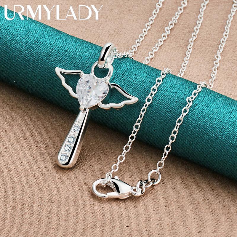 URMYLADY 925 Sterling Silver Cross Angel AAAAA Zircon Pendant Necklace For Women Wedding Engagement Fashion Jewelry