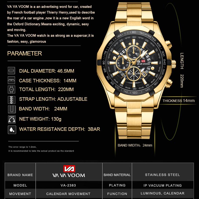 VA VA VOOM Кварцевые часы 3ATM, водонепроницаемый ремень из нержавеющей стали, три глаза, шестиконтактный светящийся календарь, спортивные, модные, деловые, кварцевые часы