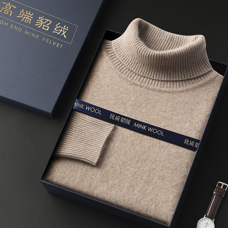 Men's High-Neck Mink Cashmere Sweater - Solid Color, Warm, Thick, Lapel, Base Layer.