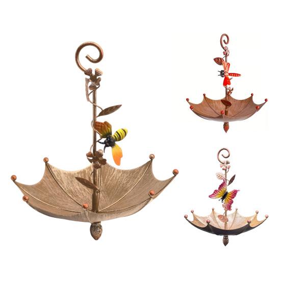 Hanging Birds Feeder for Outdoors Umbrella Shaped Birds Feeder Tray with Dragonfly/Butterfly/Honeybee Metal Wild Birds Bath for Garden Backyard Decor