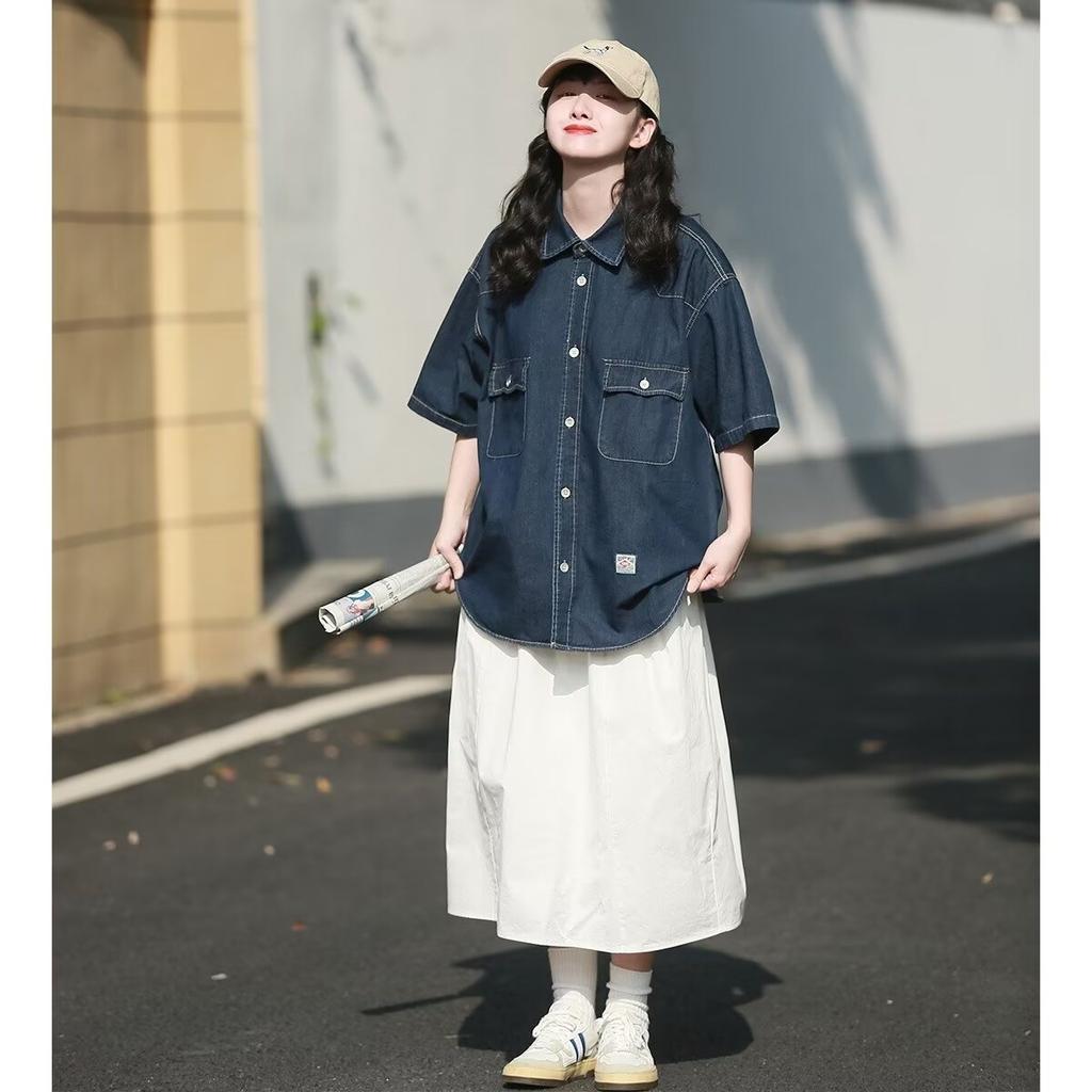 Японский ретро модный бренд летняя свободная джинсовая рубашка с короткими рукавами художественная молодежная рабочая рубашка мужская и женская многослойная куртка