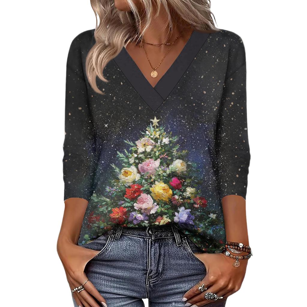 Women's Loose Comfortable Casual Fashion V-Neck Christmas Print 3/4 Sleeve Top