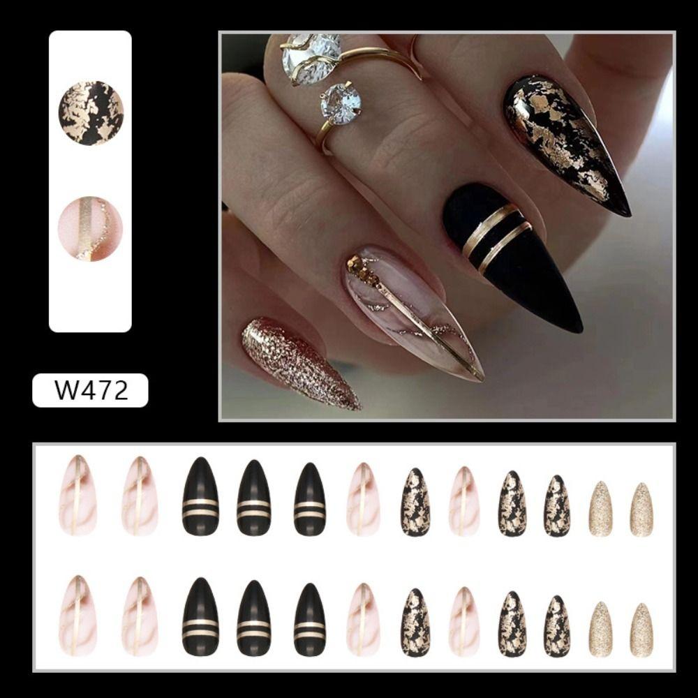 24pcs Detachable Fake Nials Press On Nails Diy Long Almond False Nails French Flowers