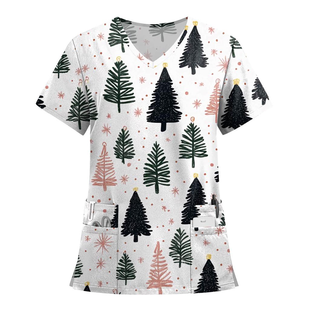 Женские модные топы с короткими рукавами и V-образным вырезом с принтом, рабочие футболки с карманами