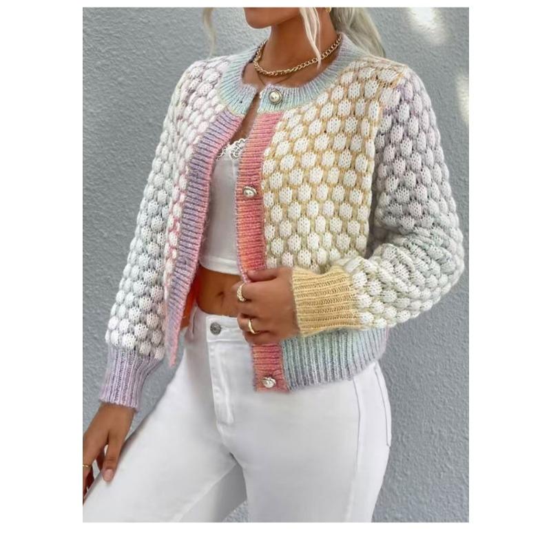 Women S Short Rainbow Jacquard Knit Cardigan Single Button Closure