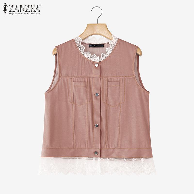 ZANZEA Women Casual Lace Splice Summer Round Neck Sleeveless Tank Tops