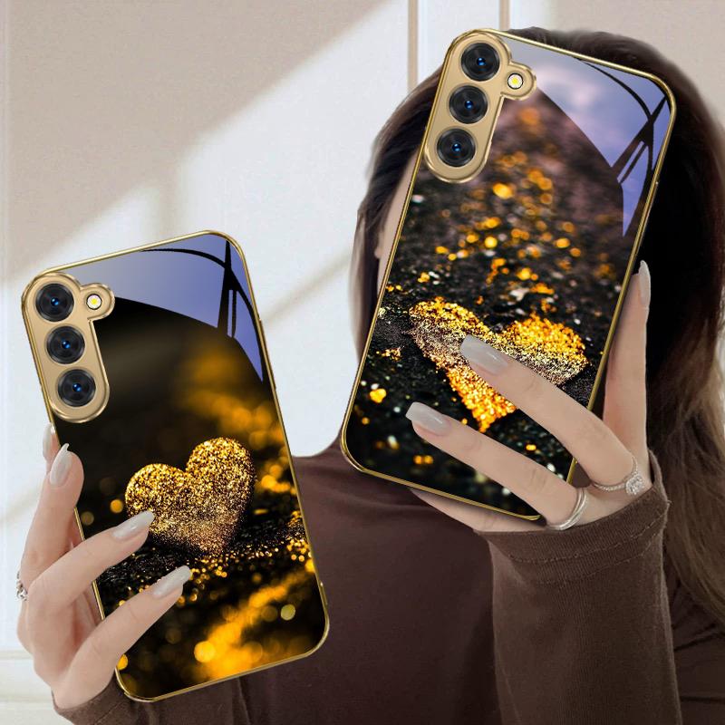 Сияющее сердце Для Samsung Galaxy S20 FE S21 S22 Ultra S23 Plus S24 Ultra 25Ultra S21+ S9+ 22Plus Золотой стеклянный чехол для телефона