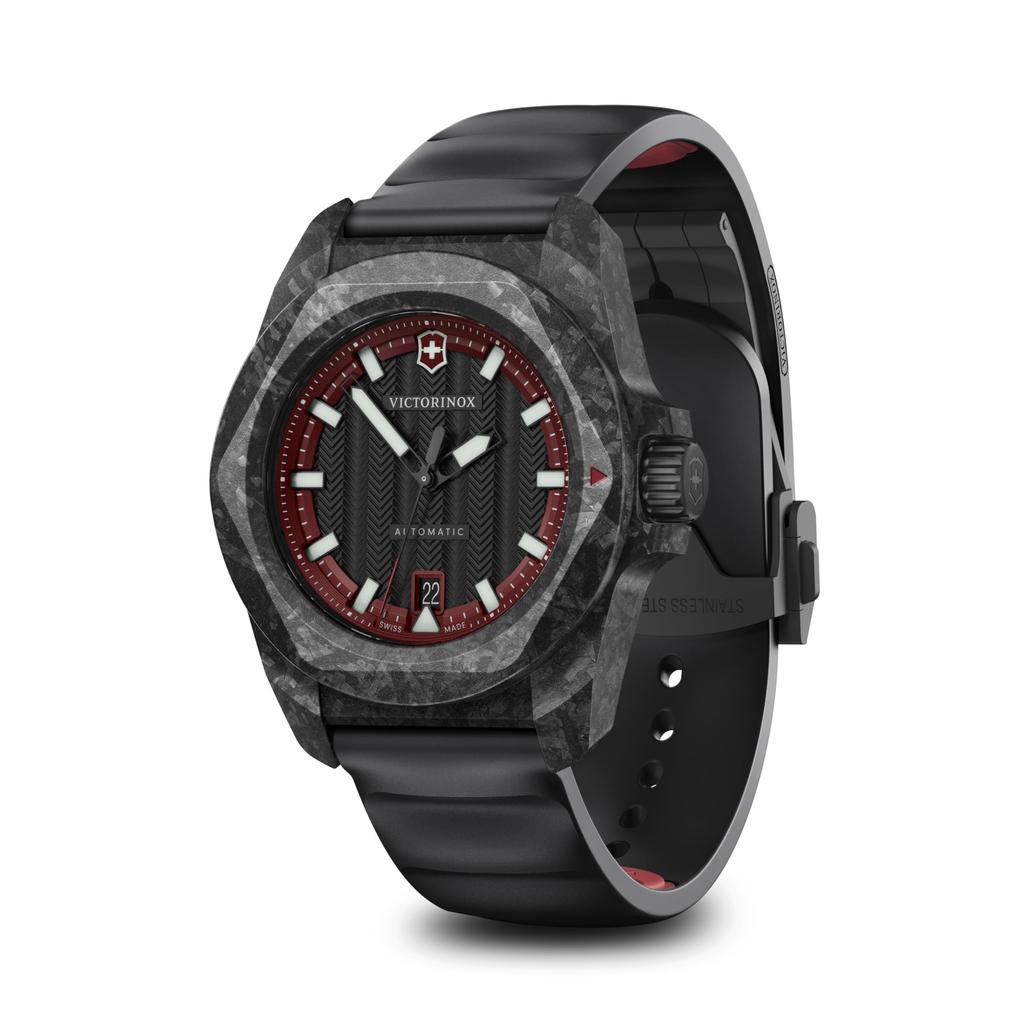 Victorinox ИНОКС. Автоматические наручные часы Ограниченная серия Красный и черный циферблат с черным резиновым ремешком Корпус из углеродного композита Набор мультитулов Ремешок
