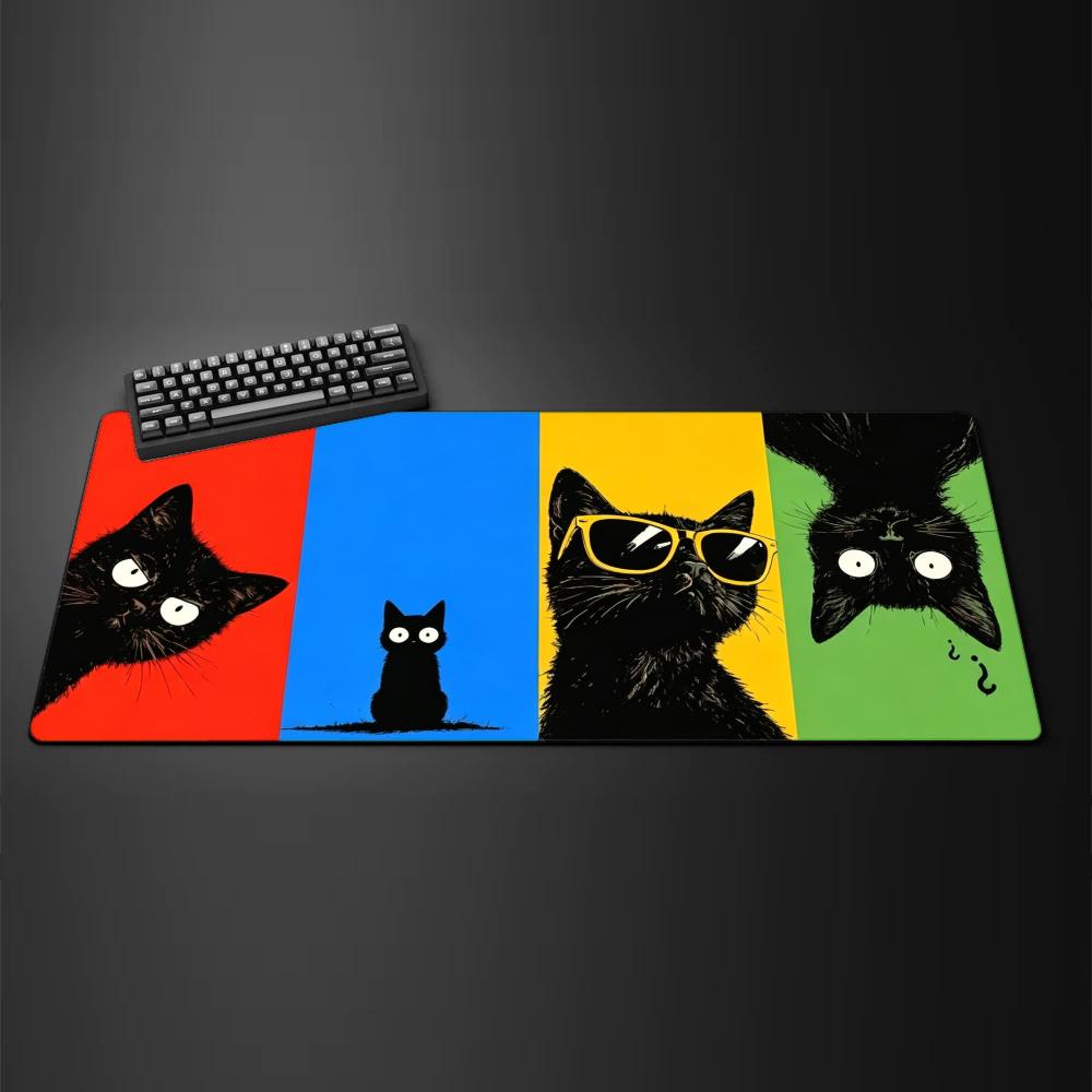 Funny Black Cat Cartoon Mouse Pad Large Computer Office Game Table Mat Rubber Anti-slip Stitched Keyboard Mat 90x40 XXL Desk Pad