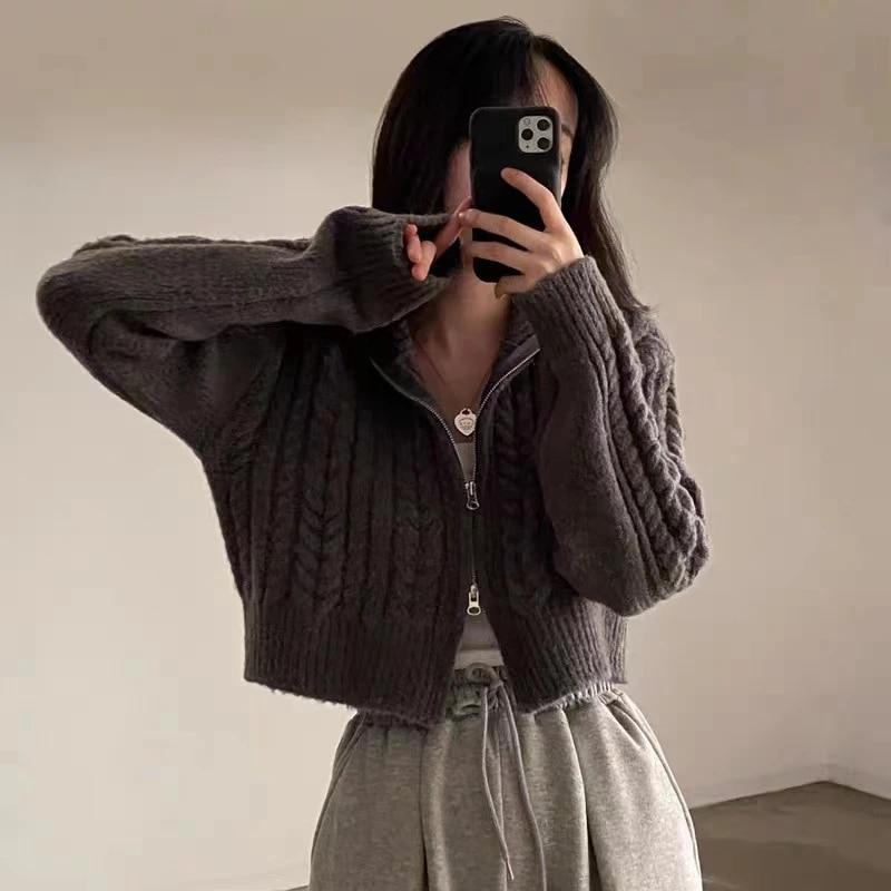 Autumn Y2k Women Zippers Knitted Cardigan Casual Loose Solid Cropped Sweater Korean Short Long Sleeve Coats Tops Fashion Clothes