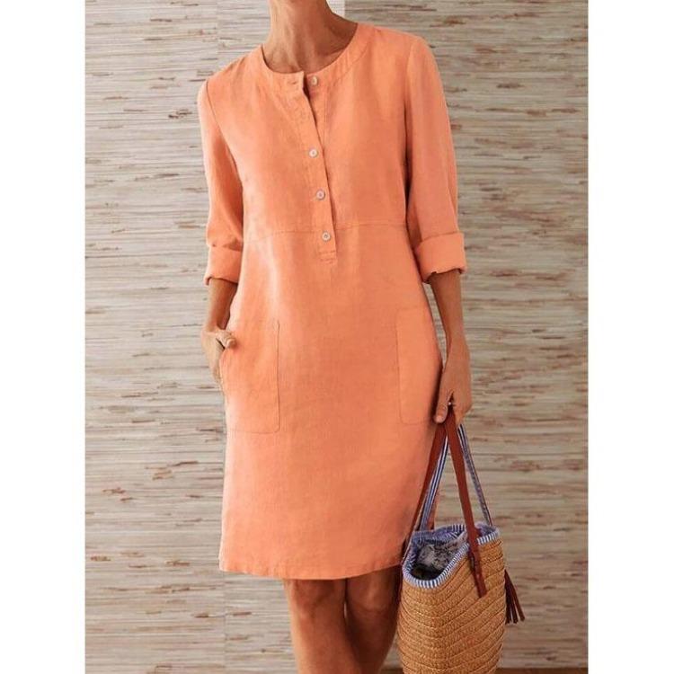Plus Size Women Long Sleeve Ruched Dress with Pockets Cotton Linen Blend Casual Party Knee Length O Neck Solid Color Dress