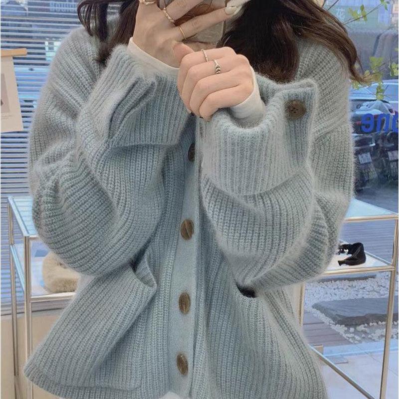 Korean Version of The V-neck Soft Waxy Sweater Women's Autumn and Winter Single-breasted Loose Lazy Knitted Coat