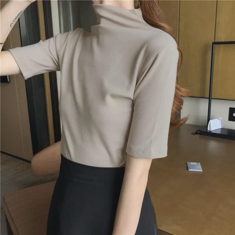 2027 Реальный Выстрел: Женская облегающая футболка с коротким рукавом и полуводолазкой (95% хлопок, 5% спандекс)