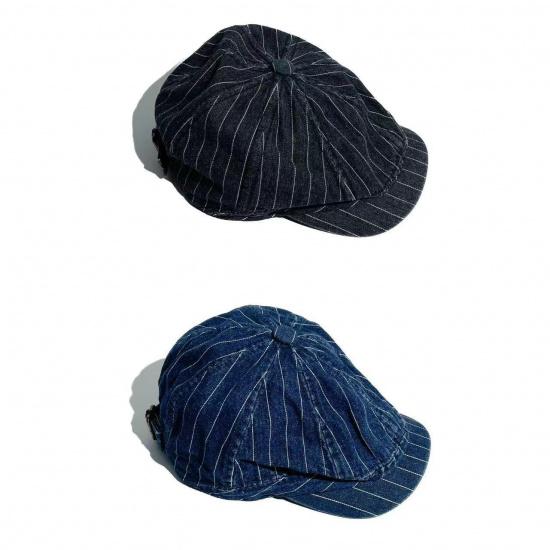 Denim octagonal hat, unisex, washed striped newsboy cap, British-style forward-capped baseball cap