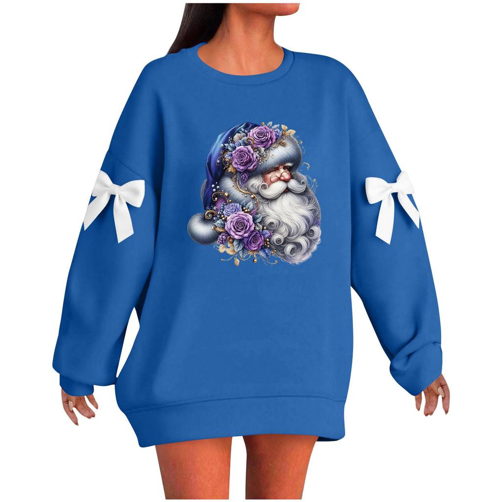 Ladies' Christmas Printed Bow Round Neck Long Sleeved Loose Pullover Sweater Sweatshirt Top
