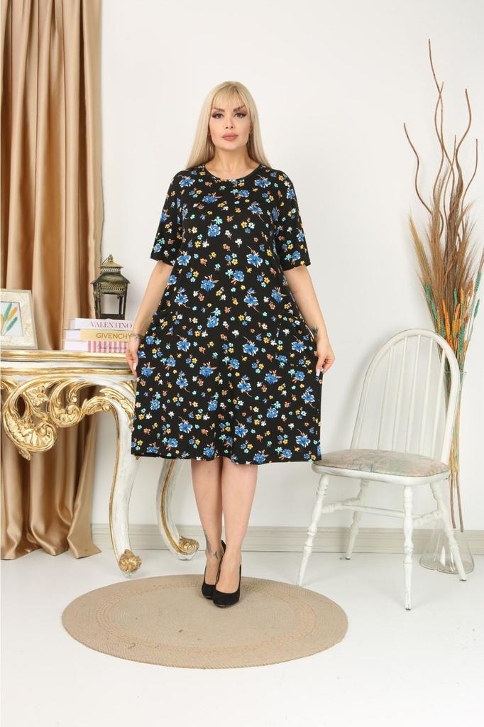 Женское платье большого размера, черно-синее платье с карманами и цветочным узором