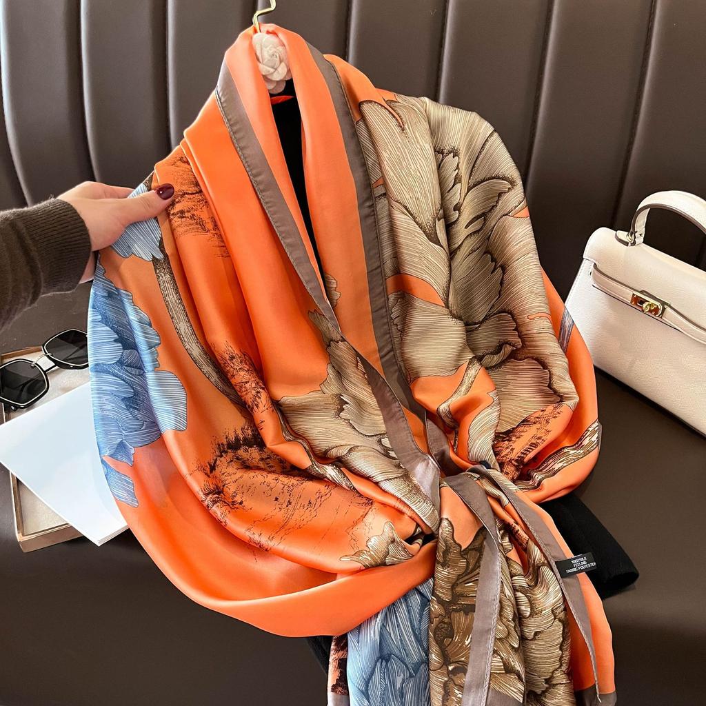 Fashion Silk Scarf Women Shawls Female Cover Flowers for Traveling Sun Protect Sunscreen Beach Scarves Air Conditioning Wraps
