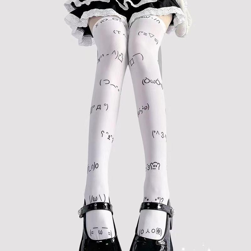 Kawaii Expression White Graffiti Letter Print Long Socks Japanese JK Harajuku Over Knee Thigh High Stockings Cosplay Socks