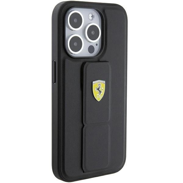 Ferrari Grip Stand Metal Logo Case For Iphone 15 Pro - Black