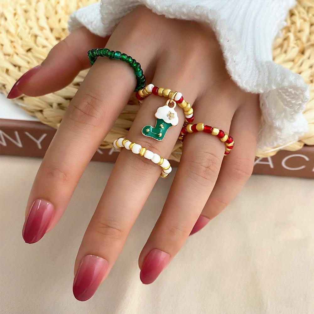 European & American Christmas Seed Bead Ring Set: 4-Piece Elastic Rings, Trendy Women's Fashion