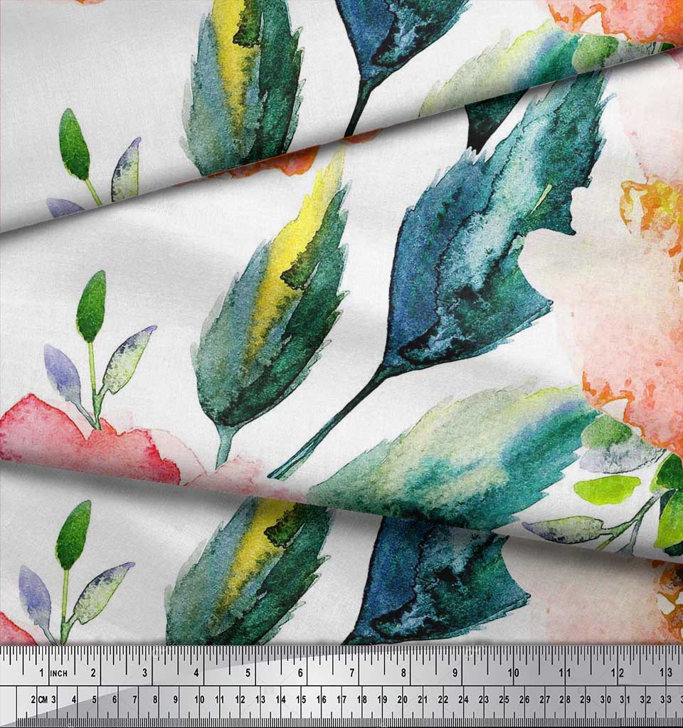 Soimoi Японский креп-атласная ткань с цветами и листьями, акварельный принт, швейная ткань, метр 42 дюйма