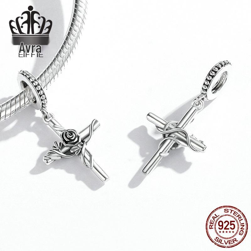 S925 Sterling Silver Rose Cross Pendant Bracelet with European & American Style Flower Beads