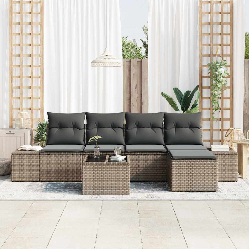 6 Piece Sofa Set with Cushions Grey Poly Rattan