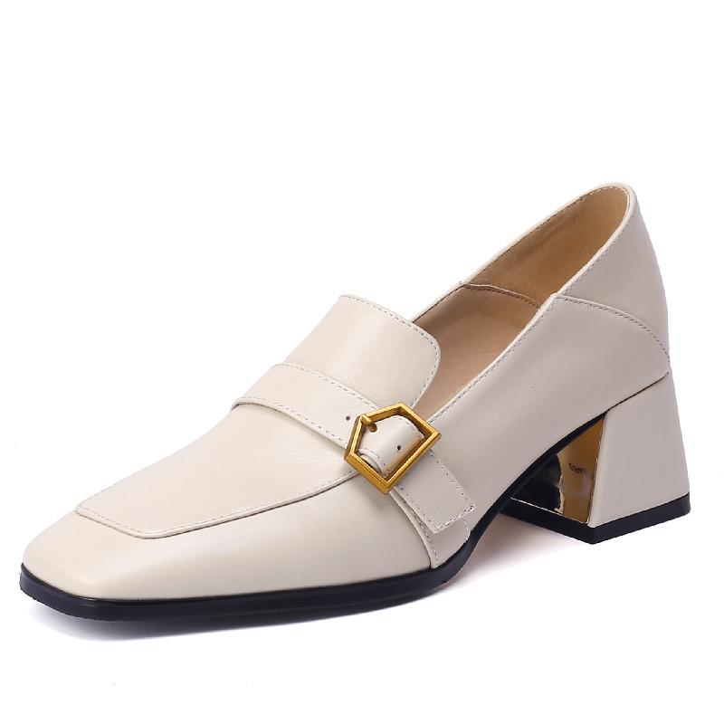Туфли-лодочки на среднем каблуке из натуральной кожи, женская обувь, модные черные бежевые туфли на каблуке, большой размер, весенние туфли для офиса и вечеринок, женские