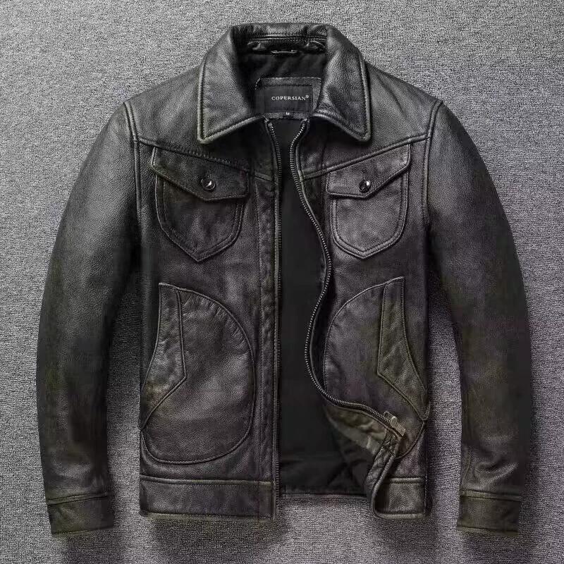 Китайский размер, винтажная оливково-зеленая натуральная воловья мужская кожаная куртка, осеннее пальто с отложным воротником из натуральной кожи