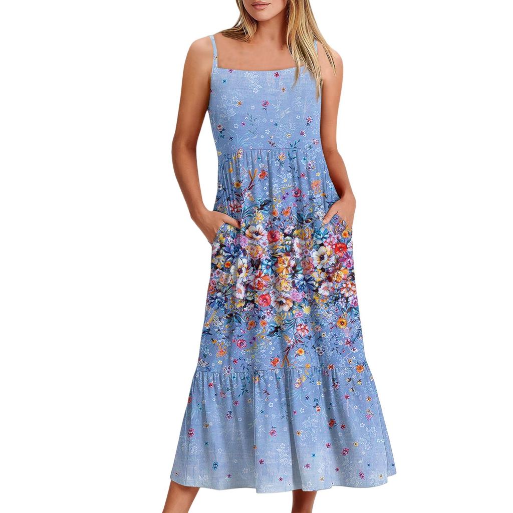 Женское длинное пляжное повседневное элегантное платье макси на тонких бретельках с цветочным принтом, струящееся платье в стиле бохо