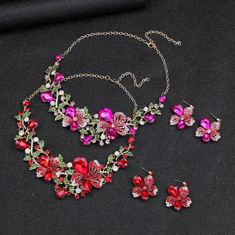 Necklace Earrings Two-Piece Set Colorful Flower Bride Retro High-End Design Sense Multi-Color Optional