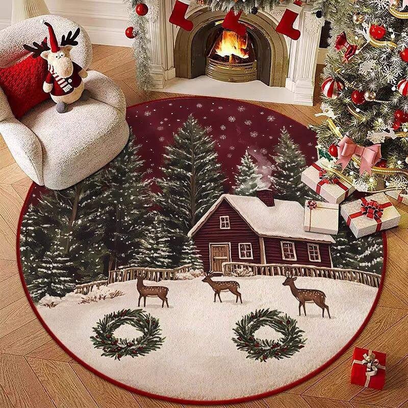 1 шт. Рождественский круглый ковер из искусственной шерсти - Нескользящий, устойчивый к пятнам, для гостиной, спальни
