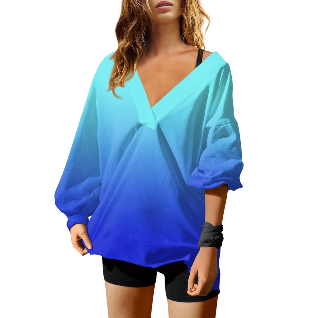 Женская мода градиентный цвет V-образный вырез длинный рукав свободный пуловер свитшот топ