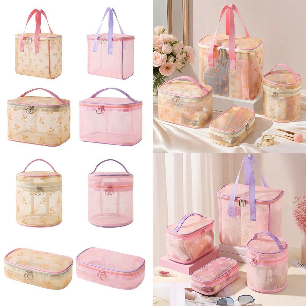 New Pink Beige Mesh Cosmetic Bag Gauze Cartoon Bear Makeup Bag Large Capacity Toiletries Bag Travel Outdoor