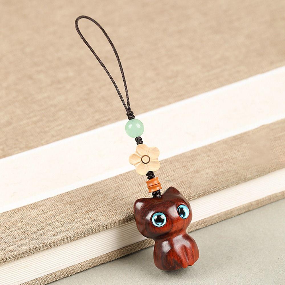 Chinese Style Pendant Mobile Phone Ring Sandalwood Key Chain Lucky Cat Pendant Key Chain Strap