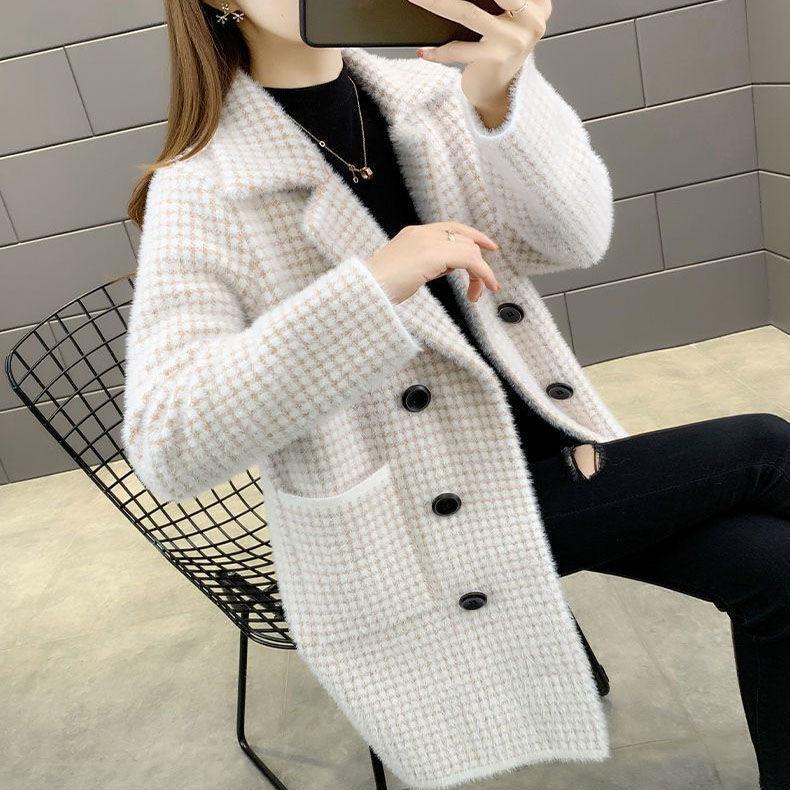 Autumn and Winter New Mink Fleece Plaid Coat Women's Mid Length Versatile Slim Sweater Thickened Imitation Mink Fleece Coat