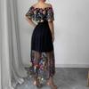 This Women's Cinched Waist Dress Is Elegant and Fashionable It Is A One-shoulder Long-sleeved Printed Mesh Dress
