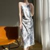 Silk Acetate Satin One-line Neck Halter Dress Split Slim Floral Long Dress Spring Summer