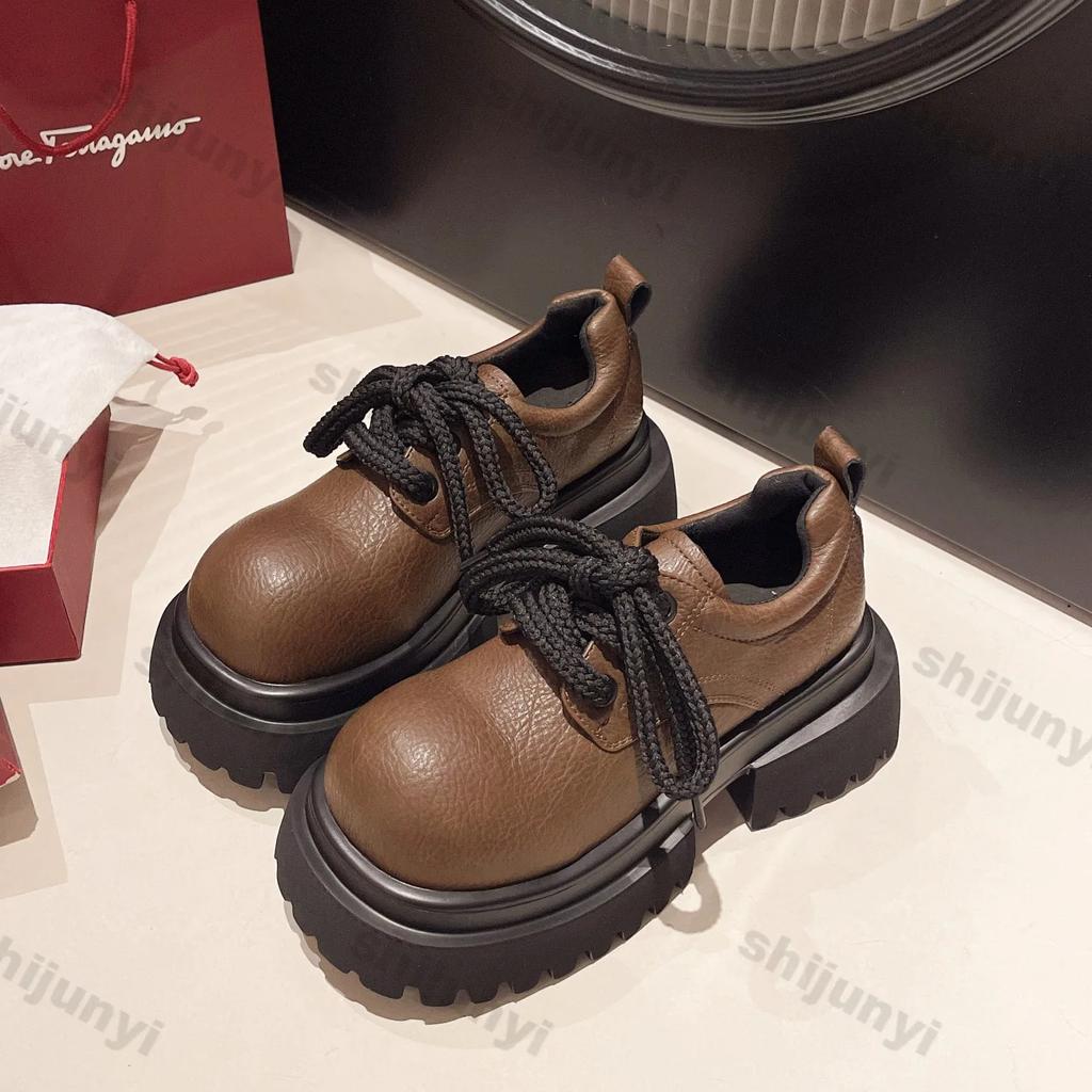 Women's Thick Sole Height Increasing Loafers 2024 Autumn New Fashion Round Toe Lace Up Retro Leather Shoes Japan Casual Shoes